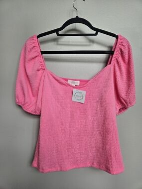 Promise The Label Pink Smocked Puff Sleeve Top Square Neck Size Large NWT